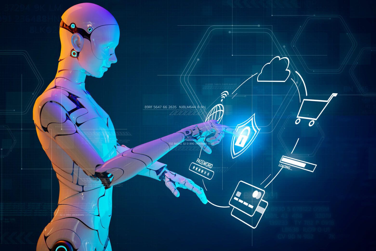 futuristic ai robot interacting with digital interfaces, representing intelligent automation in enterprise workflows - Neutrinos