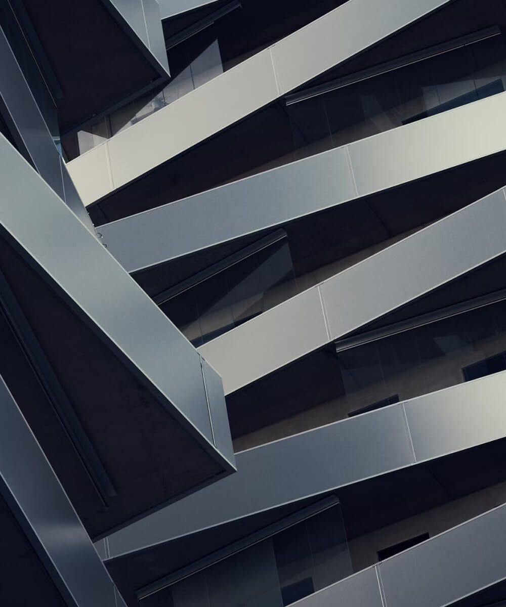 Contemporary architectural structure with overlapping metallic beams and sharp angles - Neutrinos