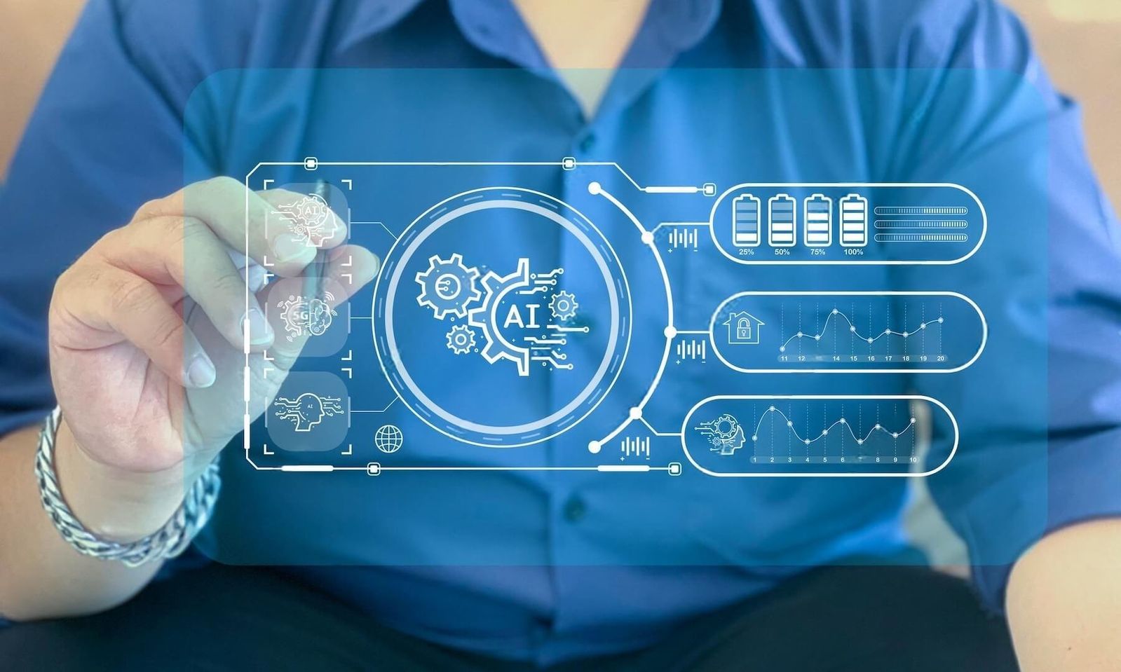 Person interacting with AI data interface on a transparent digital screen- Neutrinos