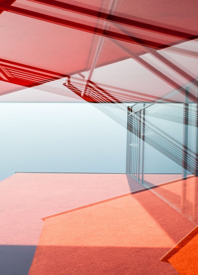 Modern architectural space with red-tinted glass and geometric shadows-Neutrinos