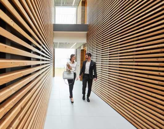 Two business professionals walking and talking in a modern office corridor with wooden slatted walls and natural light-Neutrinos